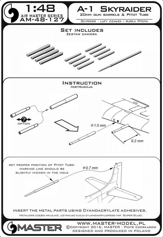 A-1 SKYRAIDER 20mm Gun Barrels & Pitot Tube - MASTER MODEL 48-127