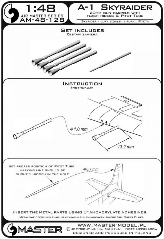 A-1 SKYRAIDER 20mm Gun Barrels w/ Flash Hiders & Pitot Tube - MASTER MODEL 48-128