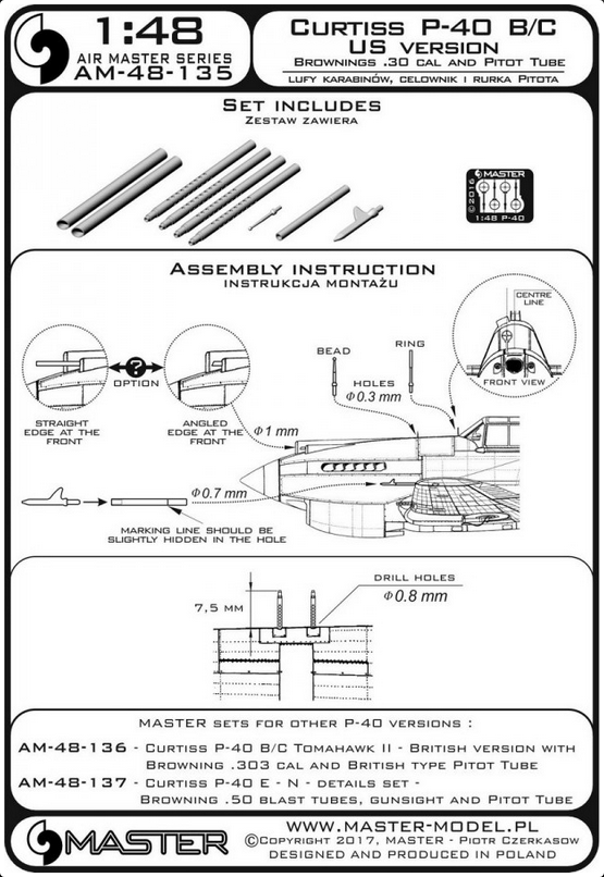 Curtiss P-40 B/C - US version - Browning .30 cal and US type Pitot Tube - MASTER MODEL 48-135