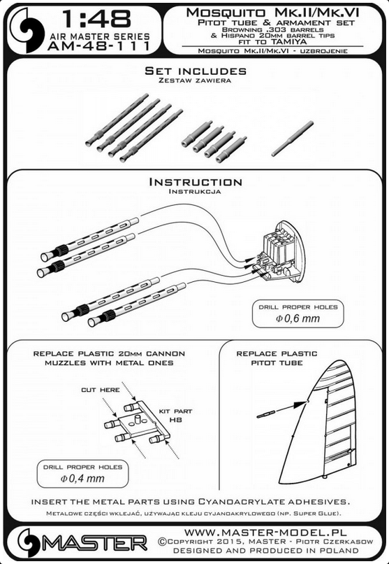 De Havilland Mosquito NF Mk.II / FB Mk.VI - Pitot tube & armament set (Browning .303 barrels and Hispano 20mm barrel tips) - MASTER MODEL 48-111