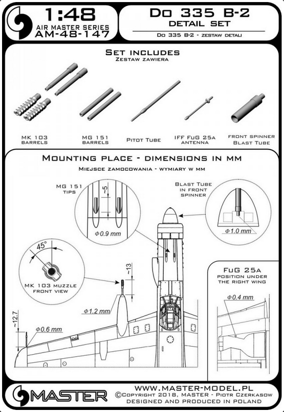 Do 335 B-2 - detail set - MG 151, MK-103 tips, FuG 25a antenna, Pitot Tube - MASTER MODEL 48-147