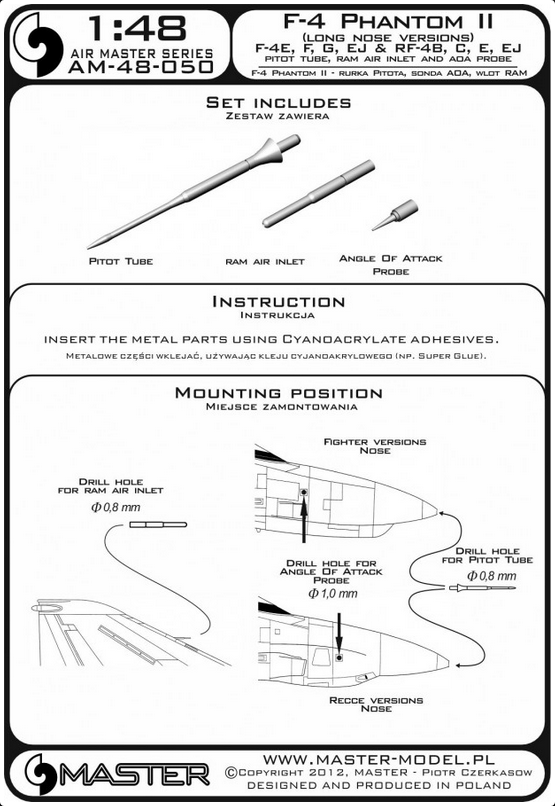 F-4 Phamtom II (Long Nose Versions) F-4E,F,G,EJ & RF-4B, C, E, EJ - Pitot Tube, Ram Air Inlet & ADA Probe - MASTER MODEL 48-050