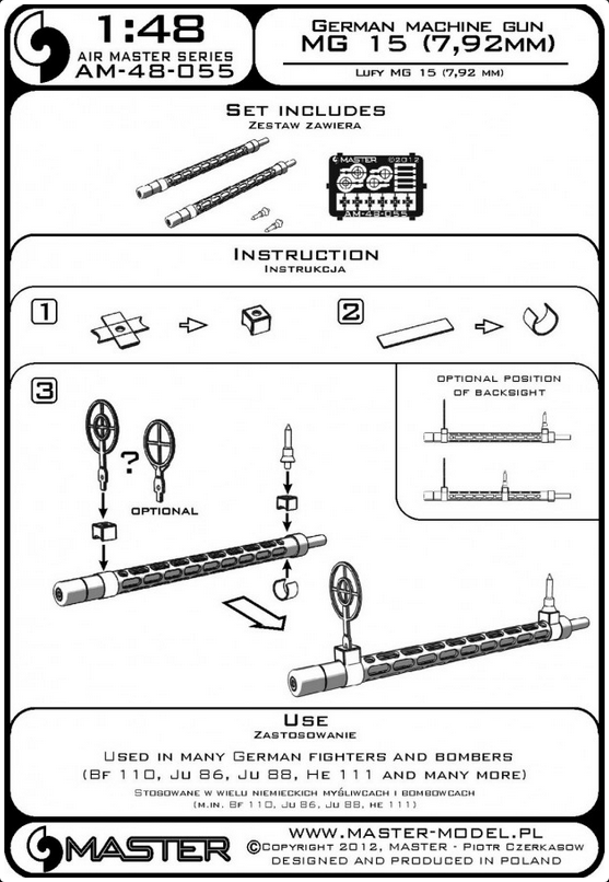 German Machine Gun MG 15 (7,92mm) Barrels & Etched Sights (2pcs) - MASTER MODEL 48-055