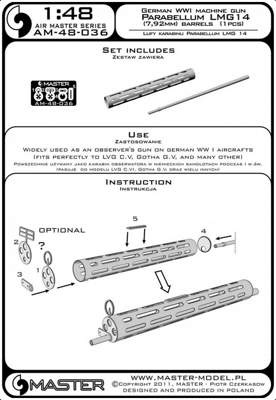 German WWI Machine Gun Parabellum LMG 14 (7,92mm) Barrels (1pcs) - MASTER MODEL 48-036