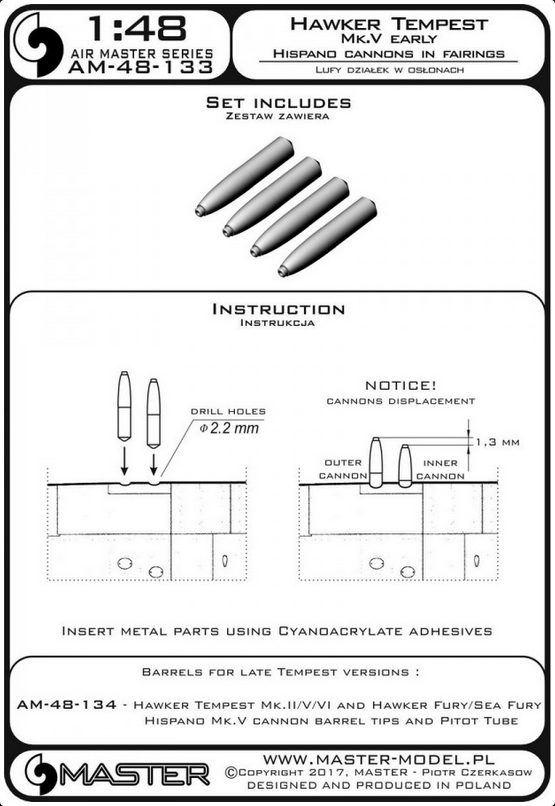 Hawker Tempest Mk.V early - Hispano 20mm cannon barrels in fairings - MASTER MODEL 48-133