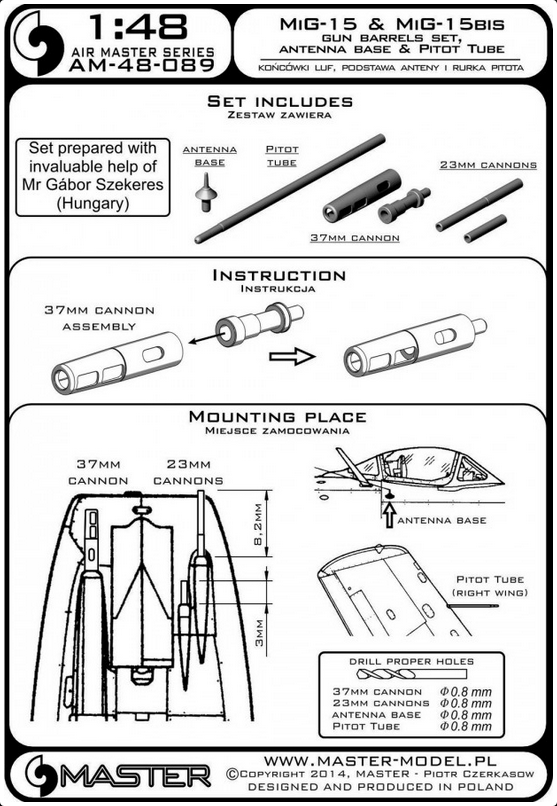 MiG-15 & MiG-15Bis - gun barrels set, antenna base & Pitot Tube - MASTER MODEL 48-089