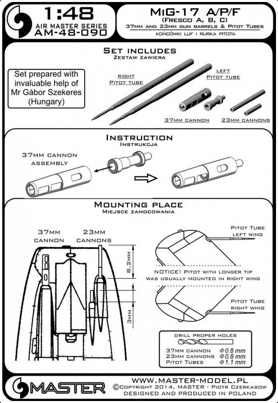 MiG-17A/P/F (Fresco A, B, C) - 37mm and 23mm gun barrels set & Pitot Tubes - MASTER MODEL 48-090