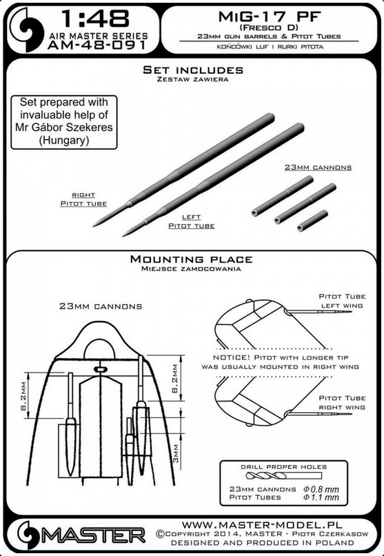 MiG-17PF (Fresco D) - 23mm gun barrels set & Pitot Tubes - MASTER MODEL 48-091