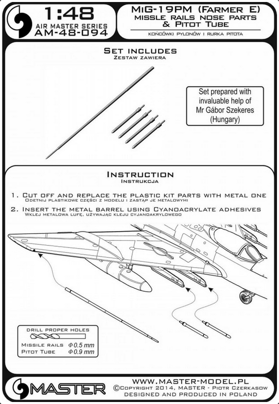 Mig-19PM (Farmer E) - Missile Rails Nose parts (4pcs) & Pitot tube - MASTER MODEL 48-094