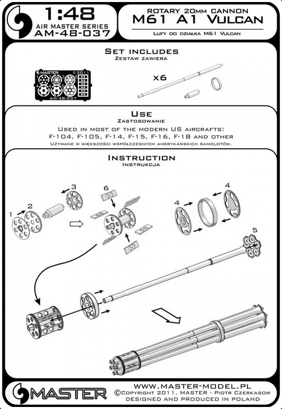 Rotary 20mm Cannon M61 A1 Vulcan Turned Barrels & Etched Barrel Clamps (F-104,F-105, F-14, F-15, F-16, F-18) - MASTER MODEL 48-037