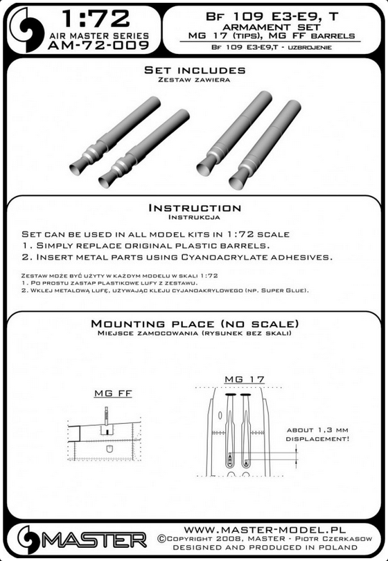 Bf 109 E-3 - E-9, T Armament Set MG-17 (Tips), MG-FF Barrels - MASTER MODEL 72-009