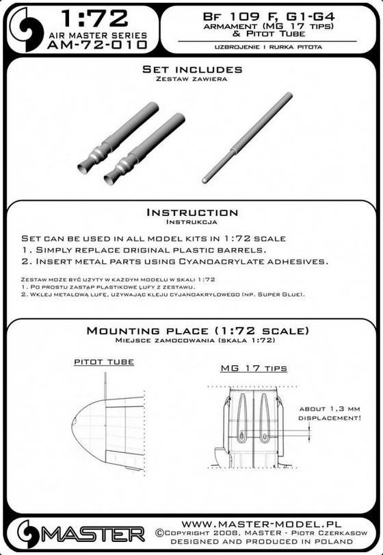 Bf 109 F, G1-G4 Armament (MG17 Tips) & Pitot Tube - MASTER MODEL 72-010