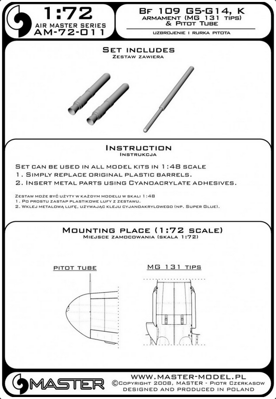 Bf 109 G5-G14, K Armament (MG 131 Tips) & Pitot Tube - MASTER MODEL 72-011