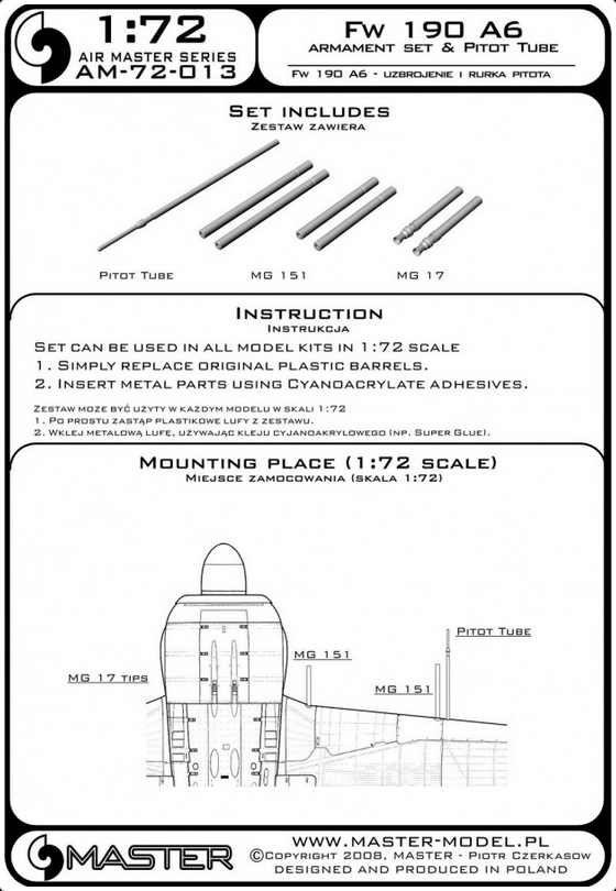 Fw 190 A6 Armament Set & Pitot Tube MG17, MG151 Barrel Tips - MASTER MODEL 72-013