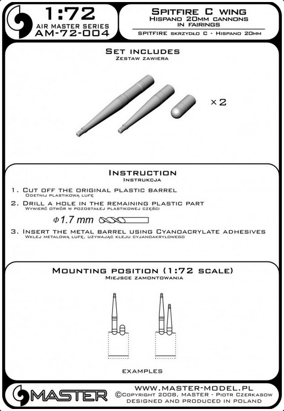 Spitfire C Wing Hispand 20mm Cannons in Fairings - MASTER MODEL 72-004