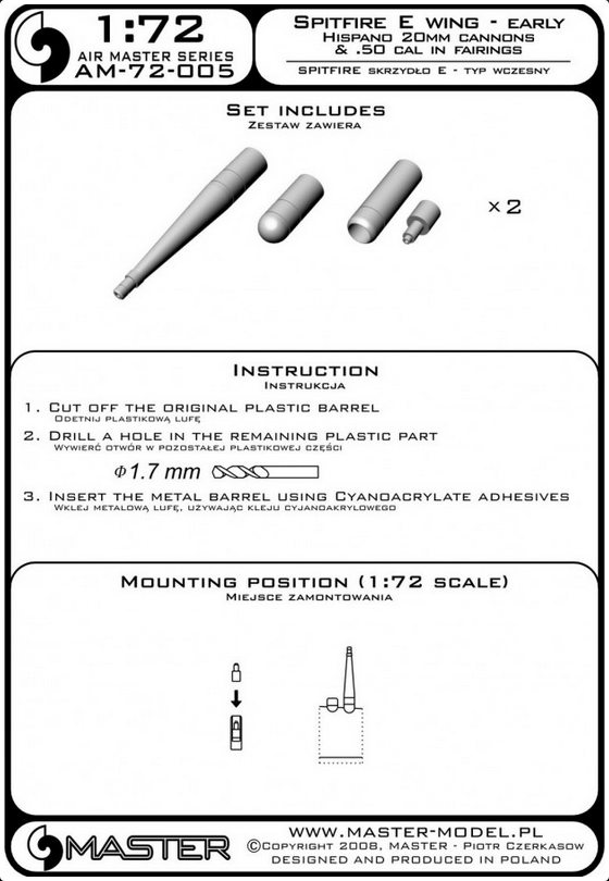 Spitfire E Wing - Early / Hispand 20mm Cannons & .50 CAL in Fairings - MASTER MODEL 72-005