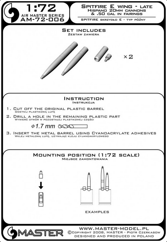 Spitfire E Wing - Late / Hispand 20mm Cannons & .50 CAL in Fairings - MASTER MODEL 72-006