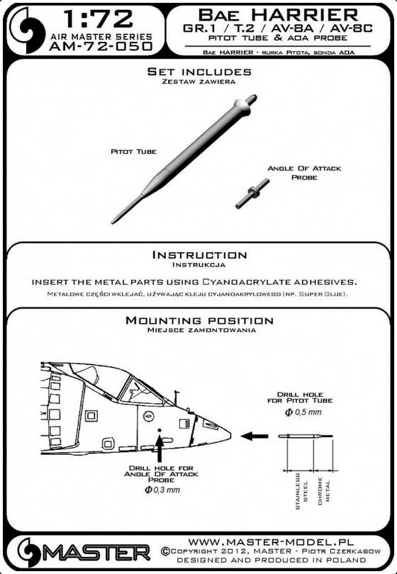 BAe Harrier GR.1 / T.2 / AV-8A / AV-8C Pitot Tube & ADA Probe - MASTER MODEL 72-050
