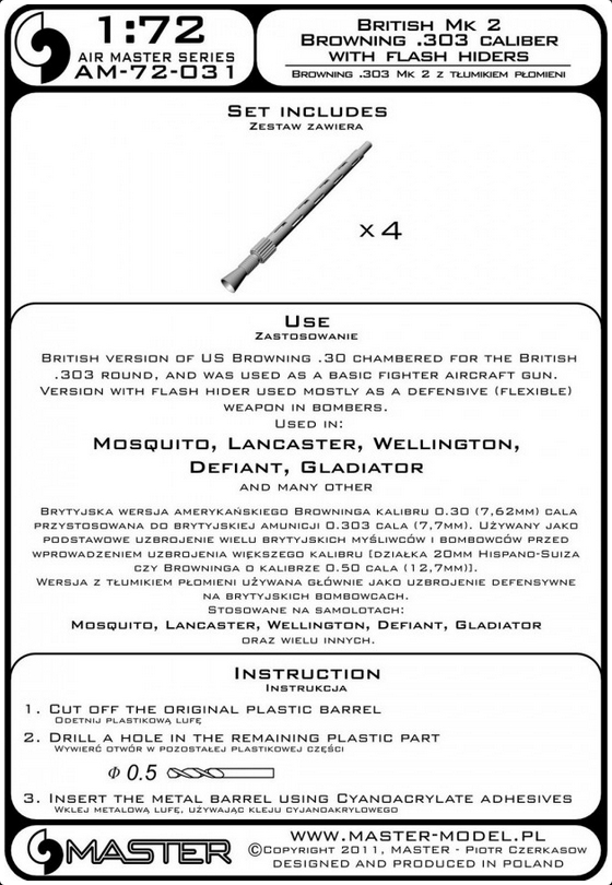 British MK 2 w/ Flash Hiders (4pcs) (Mosquito, Lancaster, Wellington & other) - MASTER MODEL 72-031