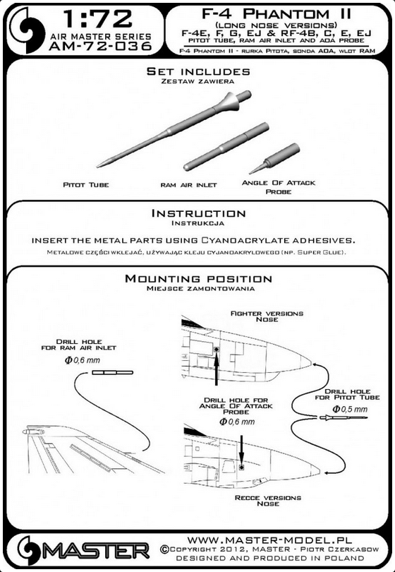 F-4 Phantom II (Long Nose Versions) F-4E, F, G, EJ & RF-4B,C,E,EJ - Pitot Tube Ram Air Inlet & ADA Probe - MASTER MODEL 72-036