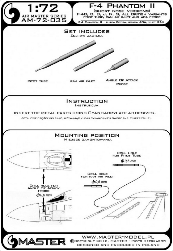 F-4 Phantom II (Short Nose Versions) F-4B, C, D, J, N, S, All British Variants - Pitot Tube Ram Air Inlet & ADA Probe - MASTER MODEL 72-035