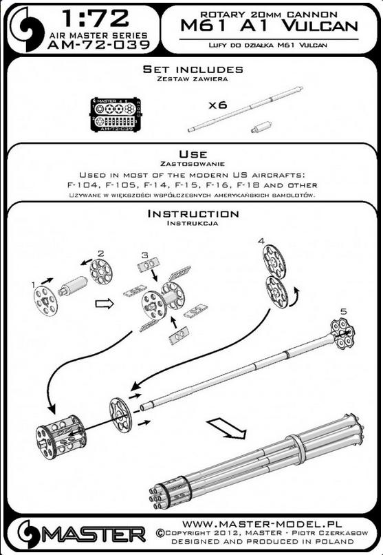 Rotary 20mm Cannon M61 A1 Vulcan Turned Barrels & Etched Barrel Clamps (F-104,F-105, F-14, F-15, F-16, F-18) - MASTER MODEL 72-039