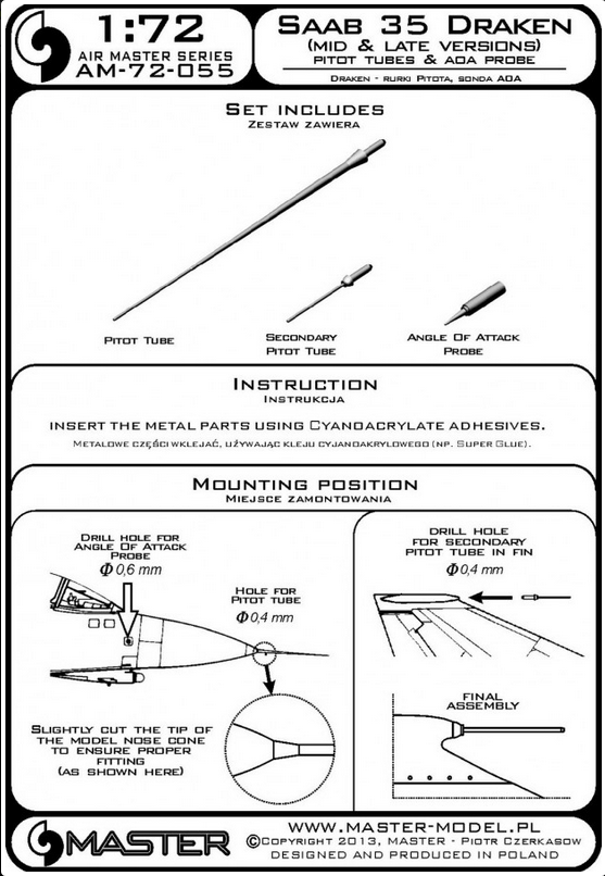 SAAB 35 Draken (Mid & Late versions) Pitot tubes & Ada Probe - MASTER MODEL 72-055