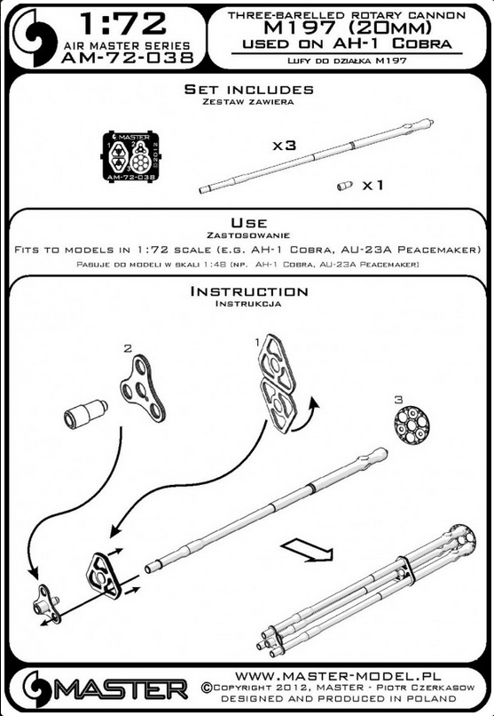 Three-Barelled Rotary Cannon M197 (20mm) Used on AH-1 Cobra Turned Barrels & Etched Barrel Clamps - MASTER MODEL 72-038