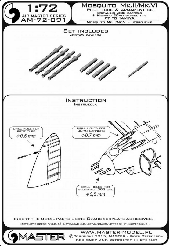 De Havilland Mosquito NF Mk.II / FB Mk.VI - Pitot tube & armament set (Browning .303 barrels and Hispano 20mm barrel tips) - MASTER MODEL 72-091