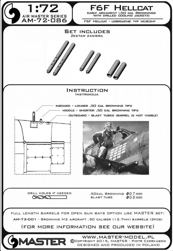 F6F Hellcat - early armament (.50 cal Browning barrels with drilled cooling jackets) - MASTER MODEL 72-086