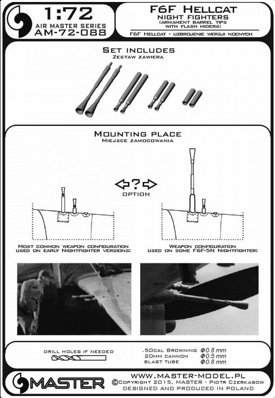 F6F Hellcat - night fighters armament (.50 cal Brownings and 20mm cannon tips with flash hiders) - MASTER MODEL 72-088