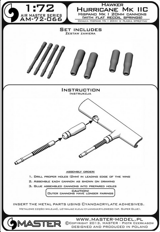 Hawker Hurricane Mk IIC Hispand Mk II 20mm Cannons (with Flat Recoil Springs) - MASTER MODEL 72-066