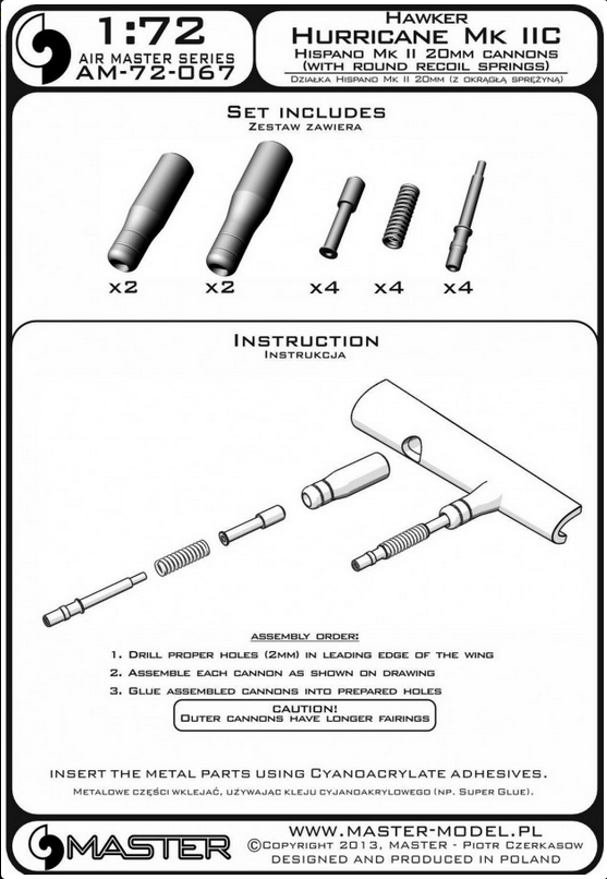Hawker Hurricane Mk IIC Hispand Mk II 20mm Cannons (with Round Recoil Springs) - MASTER MODEL 72-067