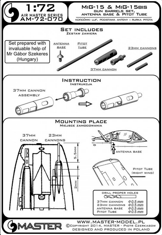 MiG-15 & MiG-15Bis - gun barrels set, antenna base & Pitot Tube - MASTER MODEL 72-070