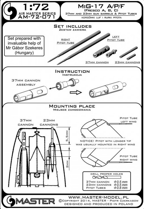 MiG-17A/P/F (Fresco A, B, C) - 37mm and 23mm gun barrels set & Pitot Tubes - MASTER MODEL 72-071