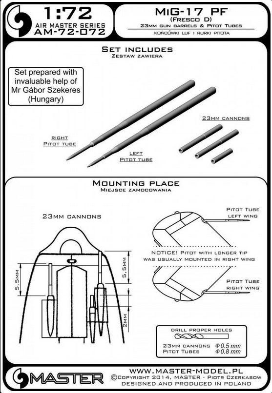MiG-17PF (Fresco D) - 23mm gun barrels set & Pitot Tubes - MASTER MODEL 72-072