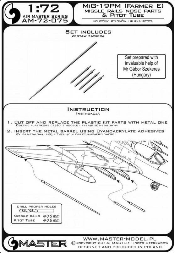 Mig-19PM (Farmer E) - Missile Rails Nose parts (4pcs) & Pitot tube - MASTER MODEL 72-075