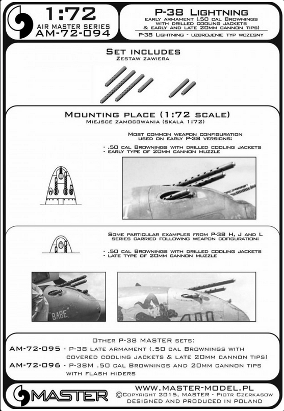 P-38 Lightning - early armament (.50 cal Brownings with drilled cooling jackets & early and late 20mm cannon tips) - MASTER MODEL 72-094