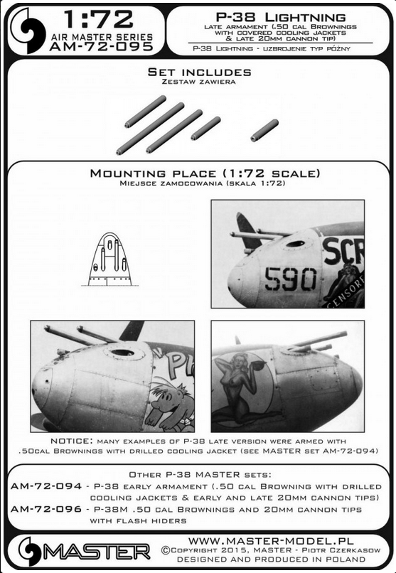 P-38 Lightning - late armament (.50 cal Brownings with covered cooling jackets & late 20mm cannon tips) - MASTER MODEL 72-095