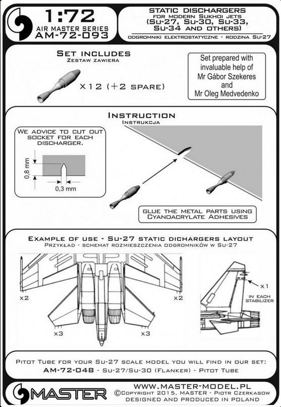 Static dischargers - type used on modern Sukhoi jets (Su-27, Su-30, Su-33, Su-34 and other) (12pcs+2spare) - MASTER MODEL 72-093