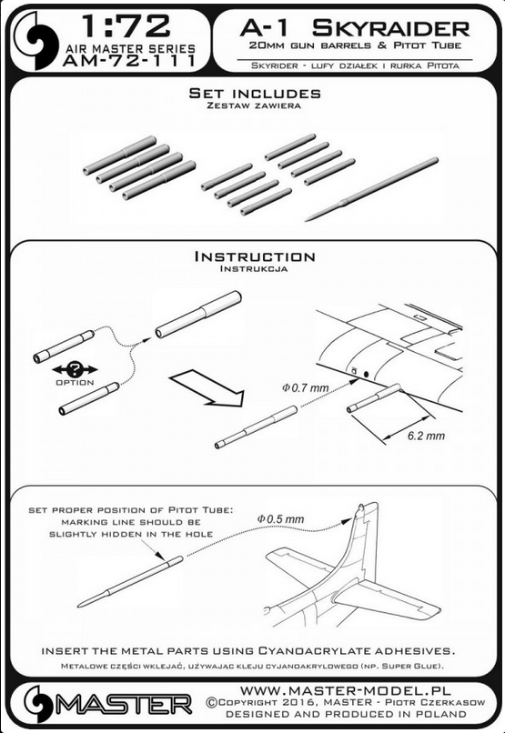 A-1 SKYRAIDER 20mm Gun Barrels & Pitot Tube - MASTER MODEL 72-111