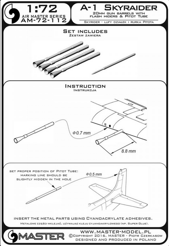 A-1 SKYRAIDER 20mm Gun Barrels w/ Flash Hiders & Pitot Tube - MASTER MODEL AM-72-112