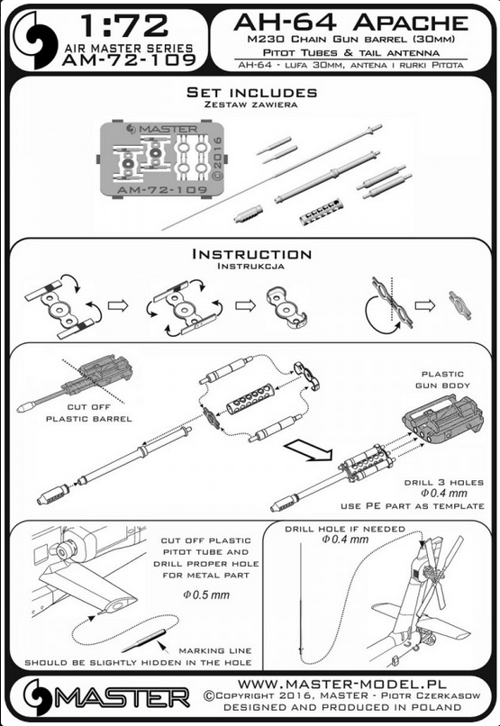 AH-64 APACHE M230 Chain Gun Barrel (30mm) Pitot Tubes & Tail Antenna - MASTER MODEL 72-109