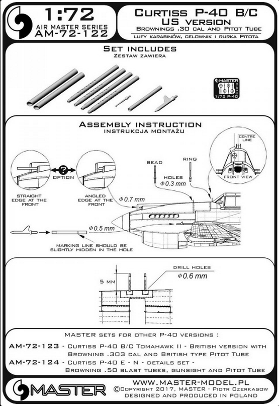 Curtiss P-40 B/C - US version - Browning .30 cal and US type Pitot Tube - MASTER MODEL 72-122