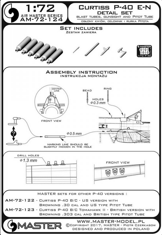 Curtiss P-40 E - N - details set - Browning .50 blast tubes, gunsight and Pitot Tube - MASTER MODEL 72-124
