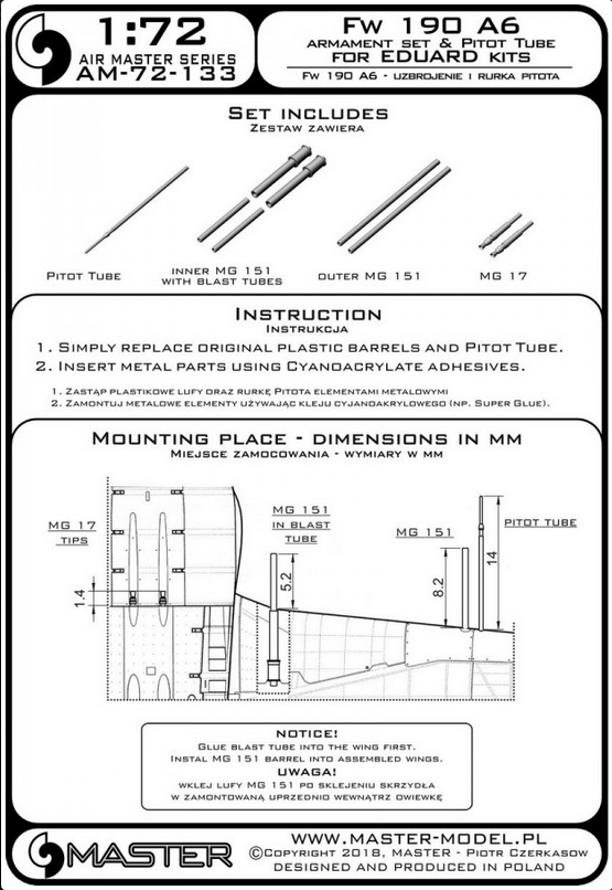 Fw 190 A6 armament set (MG 17, MG 151 barrel tips) & Pitot Tube (for Eduard kit) - MASTER MODEL 72-133
