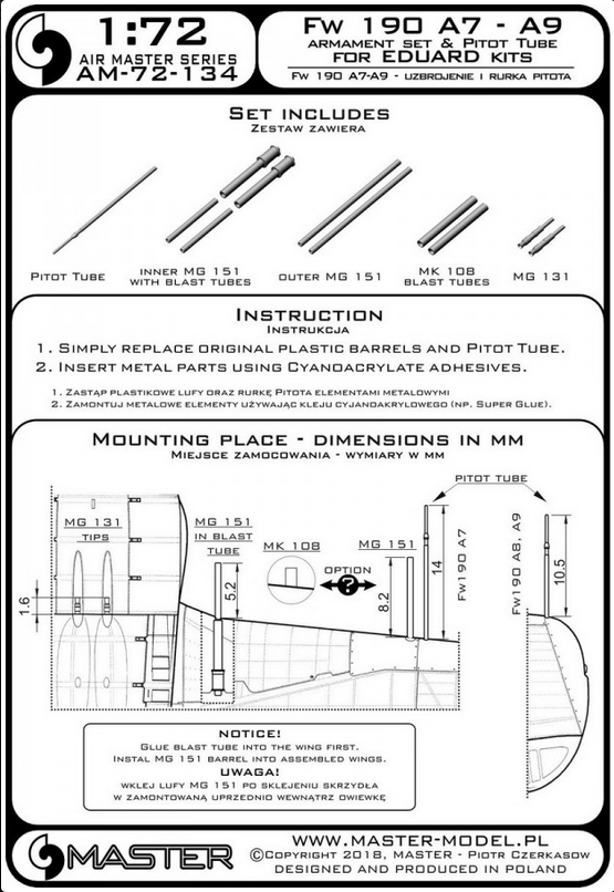 Fw 190 A7 - A9 armament set (MG 131, MG 151 barrel tips, MK 108 blast tubes) & Pitot Tube (for Eduard kit) - MASTER MODEL 72-134
