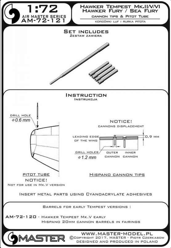 Hawker Tempest Mk.II/V/VI and Hawker Fury/Sea Fury - Hispano Mk.V cannon barrel tips and Pitot Tube - MASTER MODEL 72-121