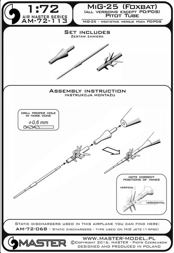 MiG-25 (Foxbat) (All Versions Except PD/PDS) Pitot Tube - MASTER MODEL 72-113