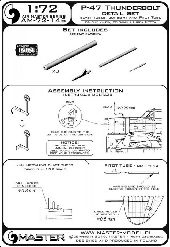 P-47 Thunderbolt - details set - Browning .50 blast tubes, gunsight and Pitot Tube - MASTER MODEL AM-72-145